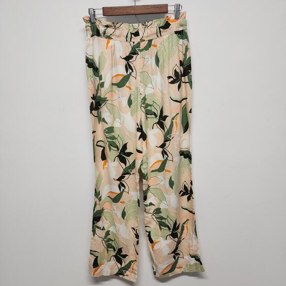 Nicole Miller Tropical Linen Blend Pants Size M Ruffle Waist Straight Leg Travel - Picture 1 of 10